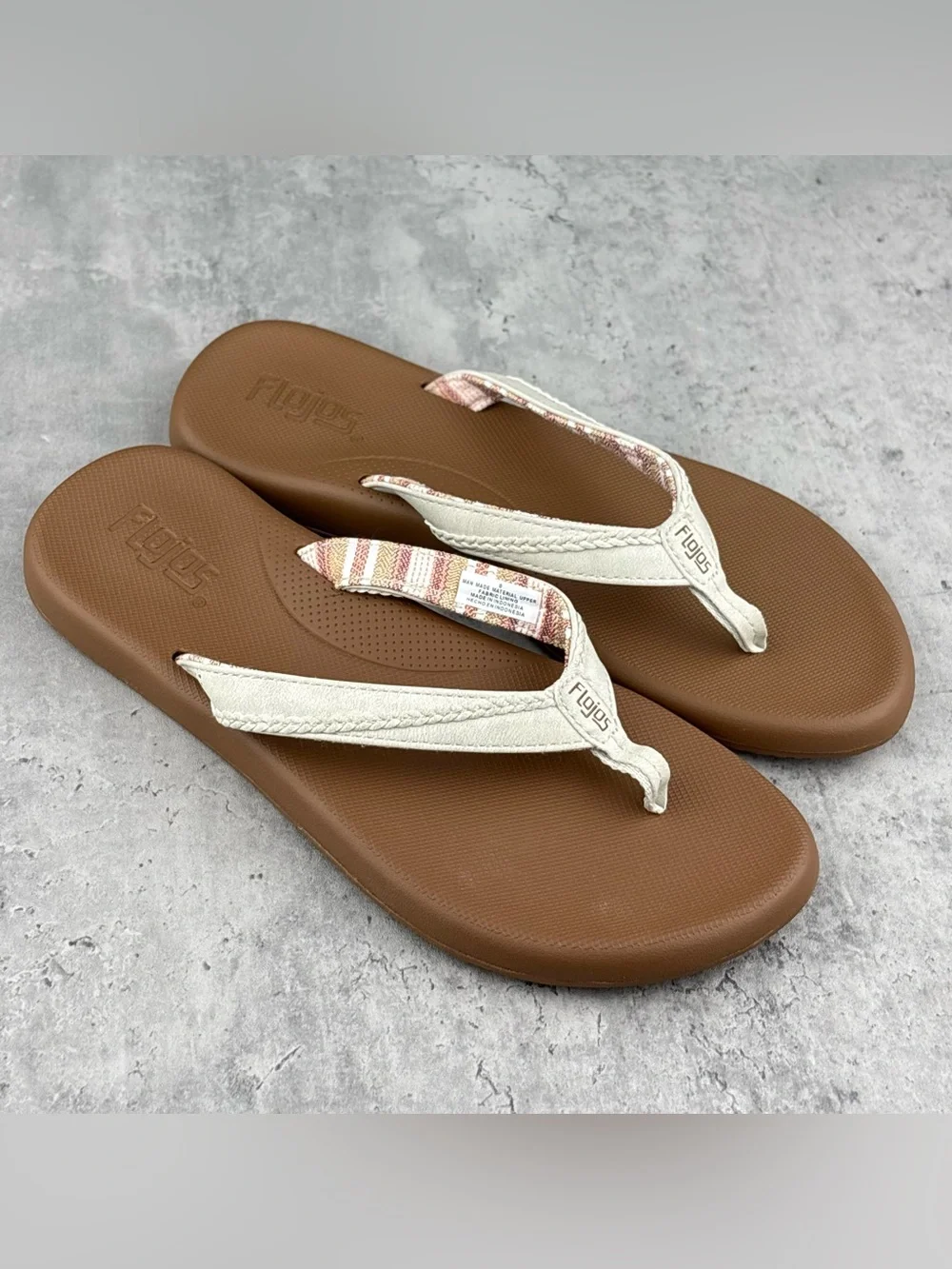 Flojos Brown Footbed White Straps Striped Accent Flip Flops